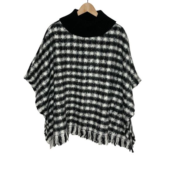 Chicos Woven Knit Poncho Sweater Womens S/M Black White Houndstooth Turtleneck - Picture 3 of 12